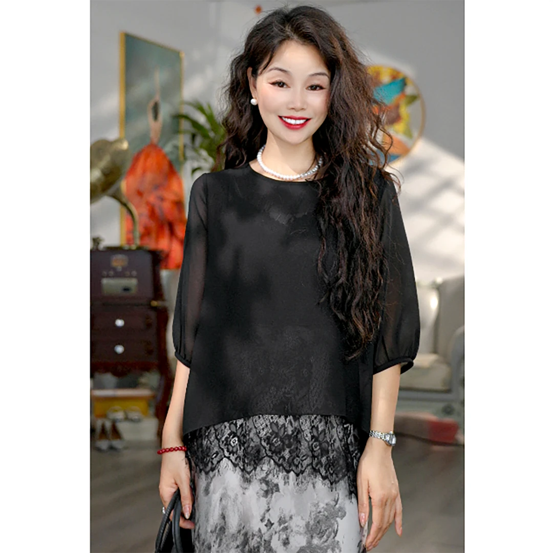 无印心匠【幽纱】A298 夏季短袖蕾丝小衫时尚外搭蕾丝上衣k1663