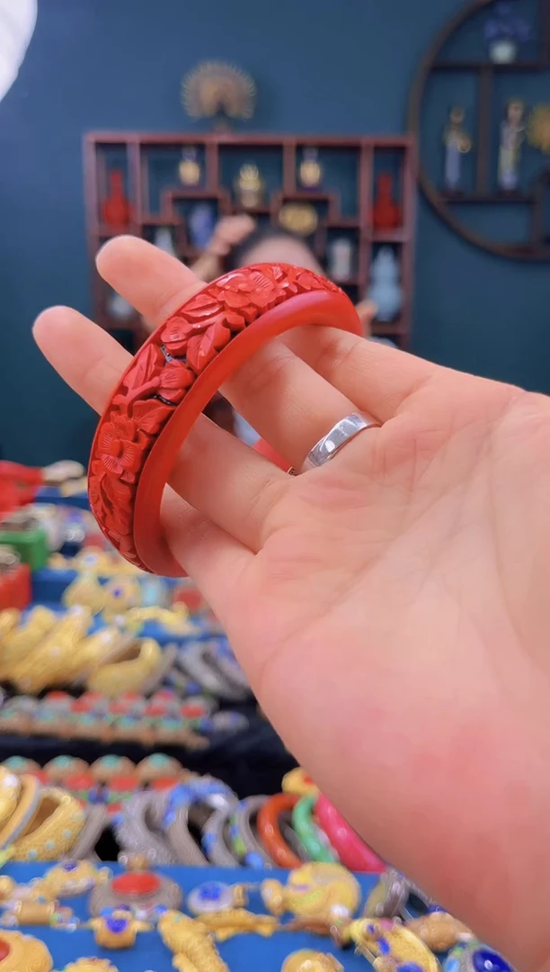 非遗技艺 雕漆手镯 花卉 60 红黑