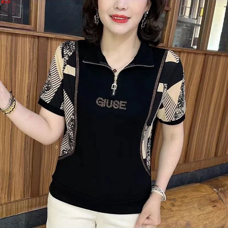 爆款妈妈装2025夏季新款宽松时尚翻领半拉链拼接短袖上衣减龄显瘦