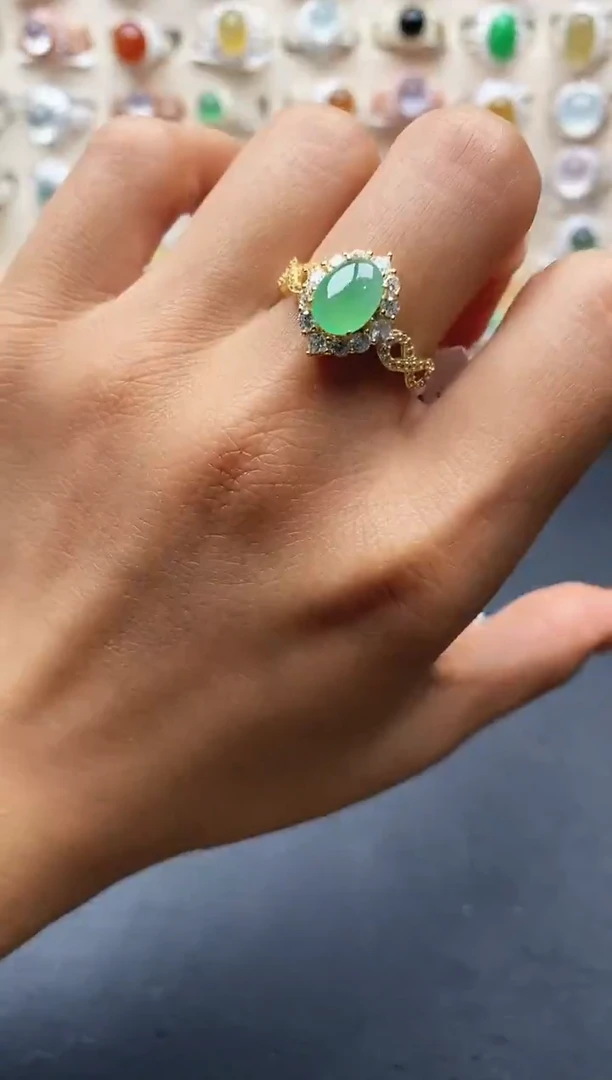 银S925镶嵌戒指翡翠缅甸天然A货翡翠1 6-7