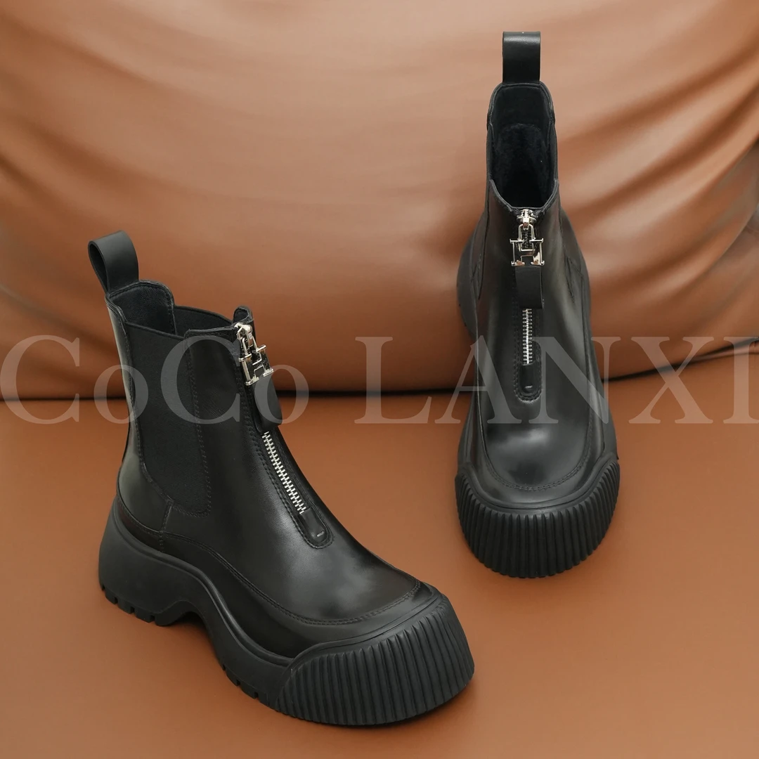 【沐风】真皮短靴百搭舒适拉链英伦风加绒软底高跟马丁靴23X257