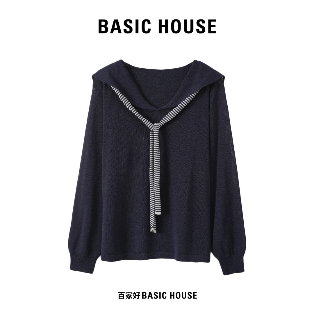 Basic House/百家好2025海军领肯豆风百搭翻领纯色针织衫M322 XX