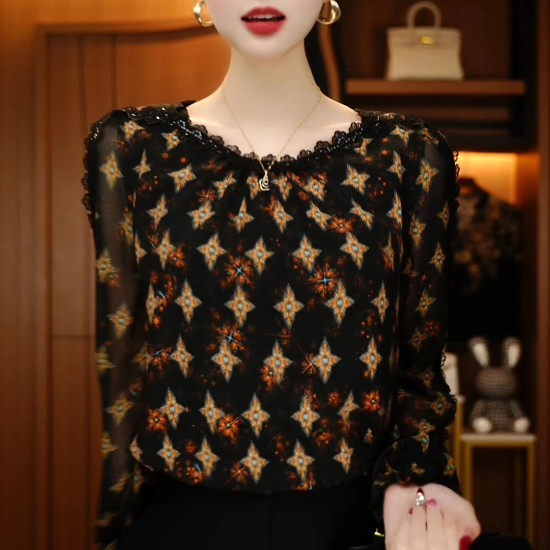 初凰 新款琉璃双皱丝洋气时尚百搭显瘦休闲气质印花女士长袖上衣