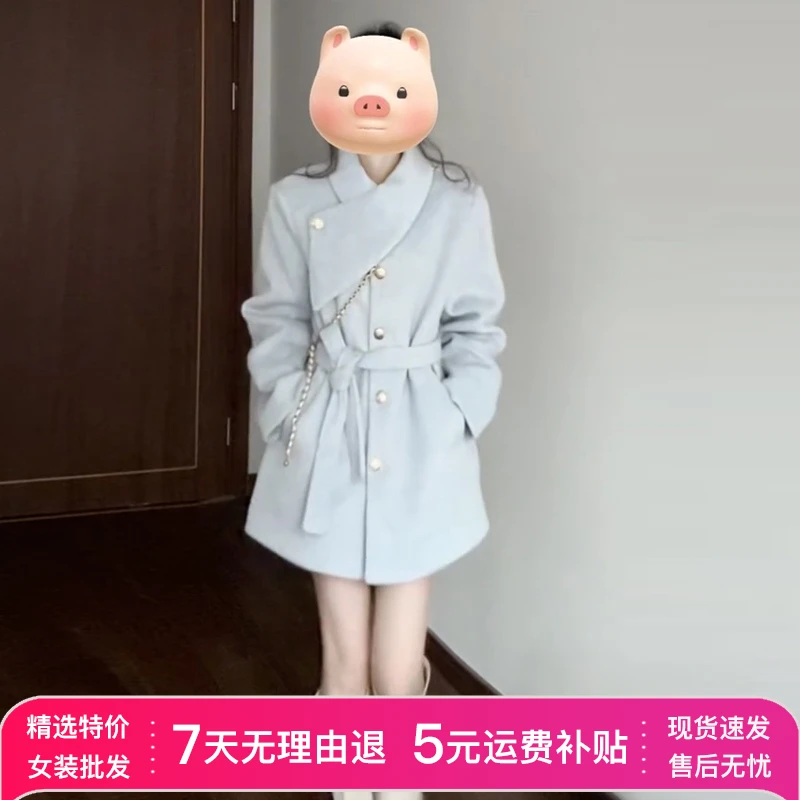 2025新款小个子蓝色中长款毛呢厚外套女秋冬高级感宽松加厚呢大衣