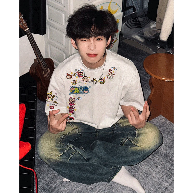 300斤大码夏季男士宽松印花T恤短袖圆领上衣t恤透气日系纯棉美式