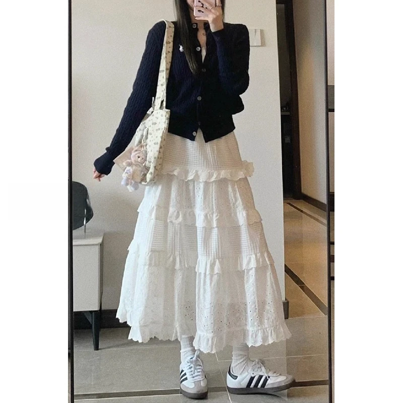 白色花边蕾丝半身裙女秋季新款胖mm大码显瘦中长款a字蓬蓬蛋糕裙