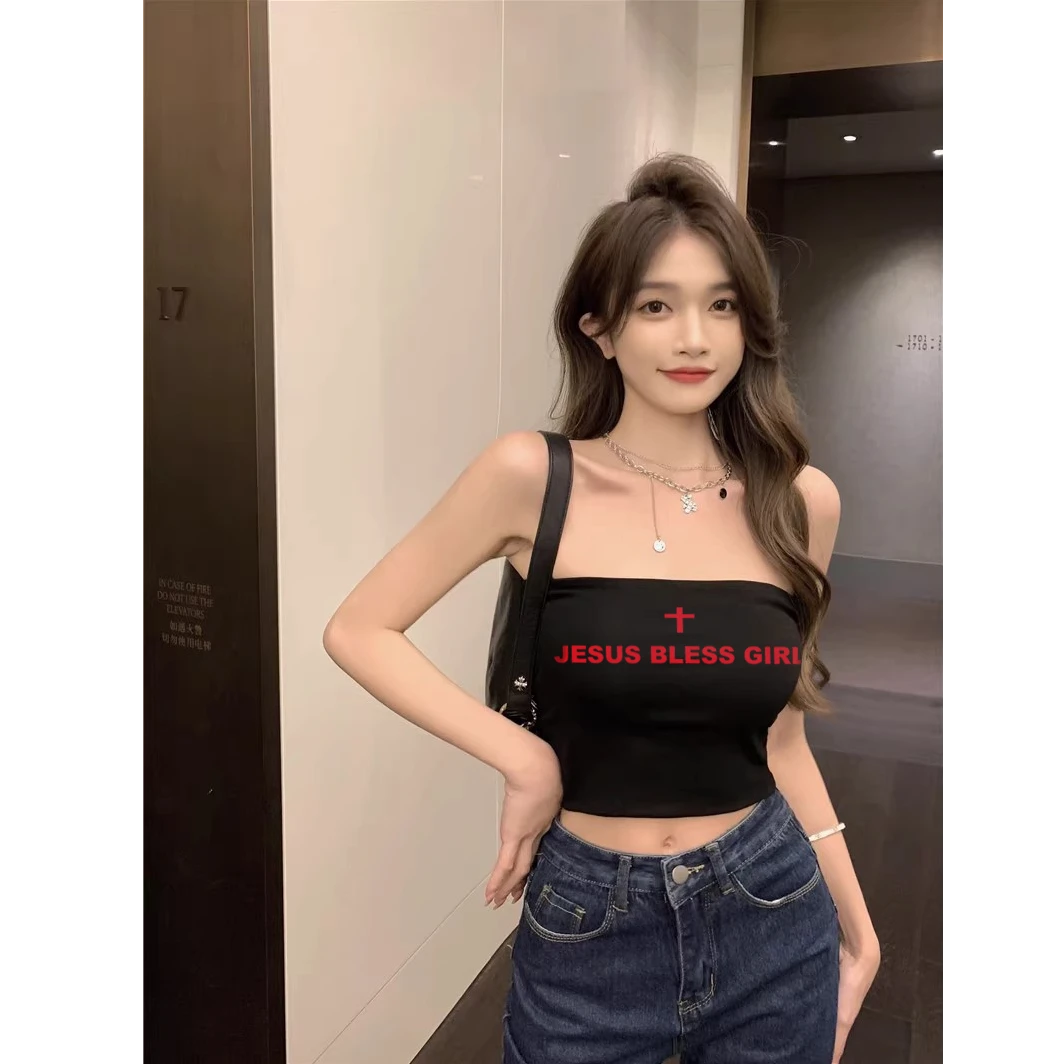 十字架字母印花露背抹胸背心女夏季修身无袖外穿辣妹显瘦内搭上衣