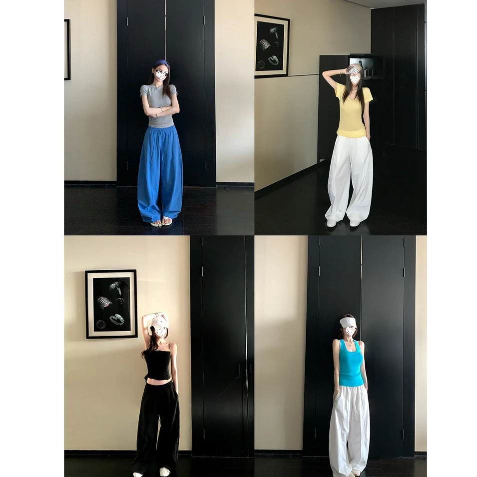 蓬蓬呼吸裤 美式空气感休闲显瘦阔腿弯刀裤女抽绳香蕉裤#9087