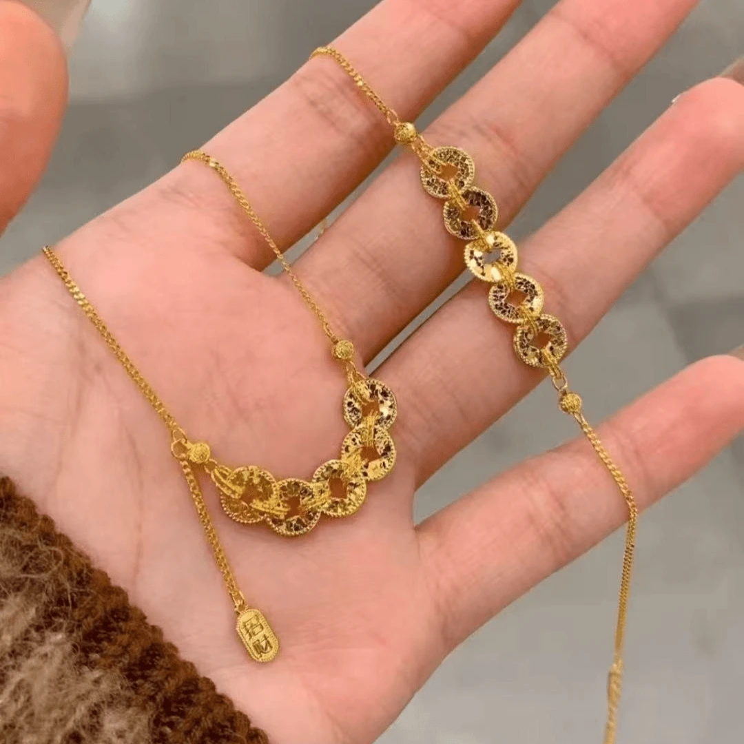 新款古法金色五帝钱碎冰冰招财转运项链新中式国潮锁骨链送人礼物