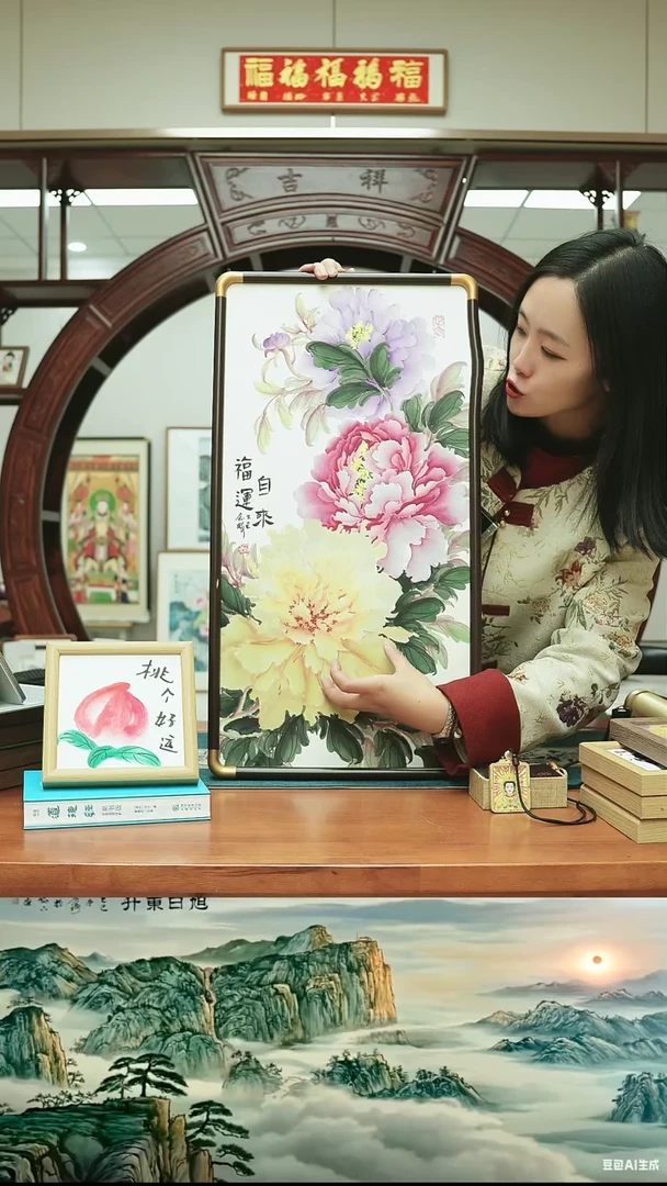 书法33*65实木仿铜角带框  福运自来牡丹