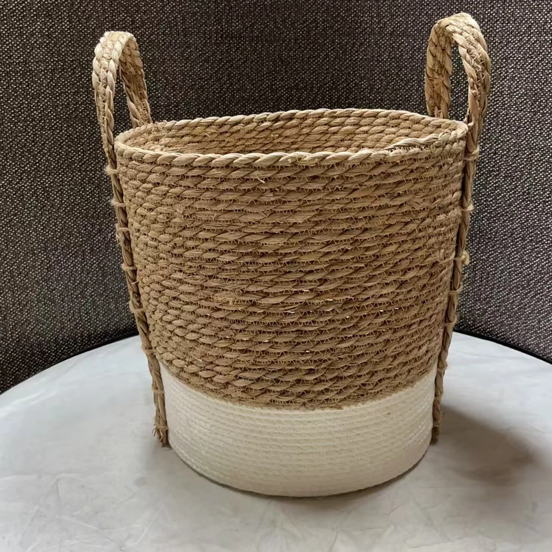 2550瑕疵款 直径32高32带把高42cm 草编圆形收纳筐花盆套储物篮子