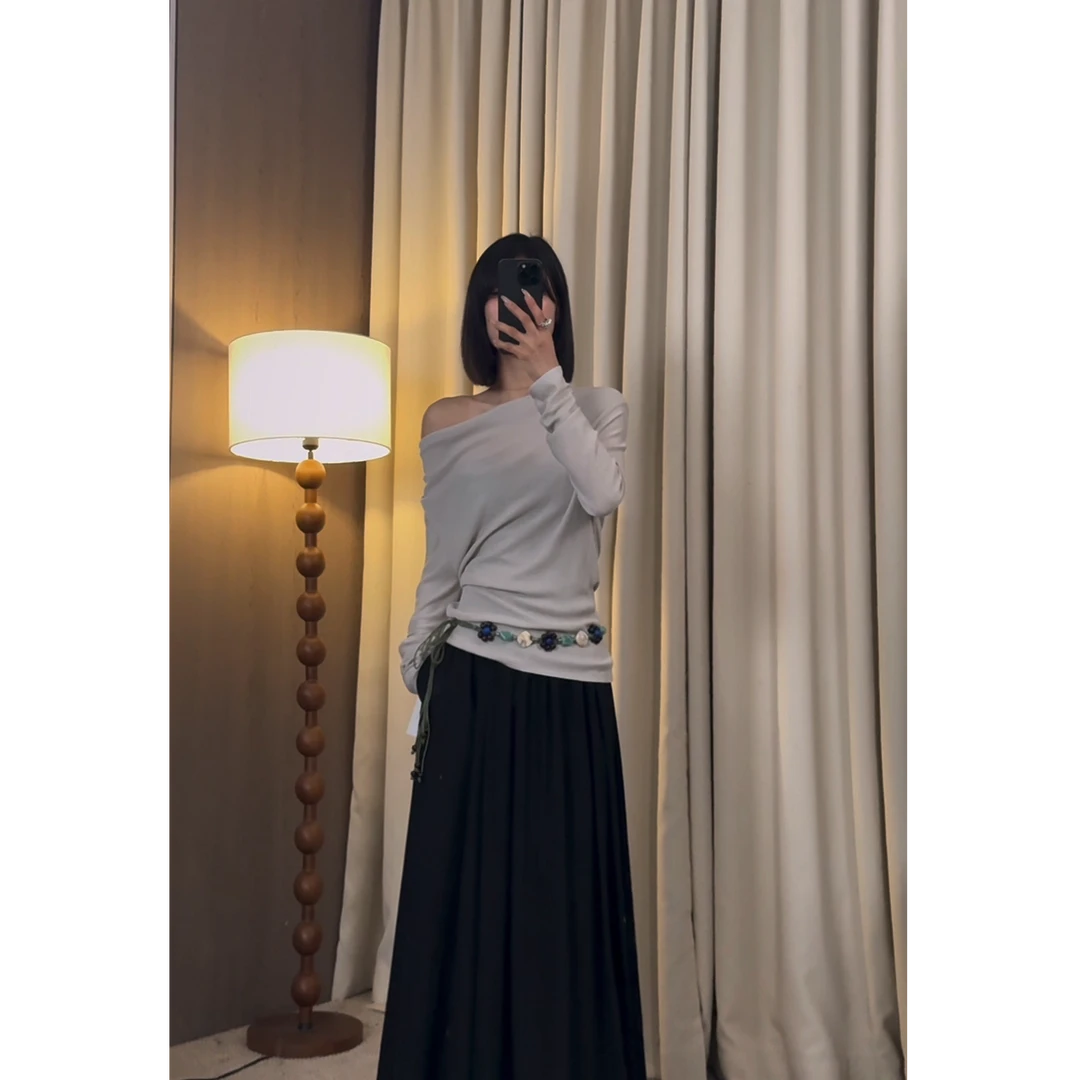 【ZZ严选】H215法式荡领针织衫女一字斜肩气质高级感上衣