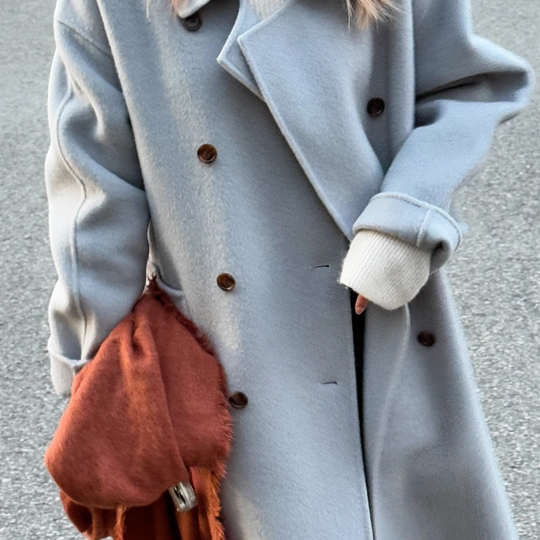 25【过年】款  暖而轻 双排扣骆驼绒桑蚕丝方领长款绵羊毛大衣宽松