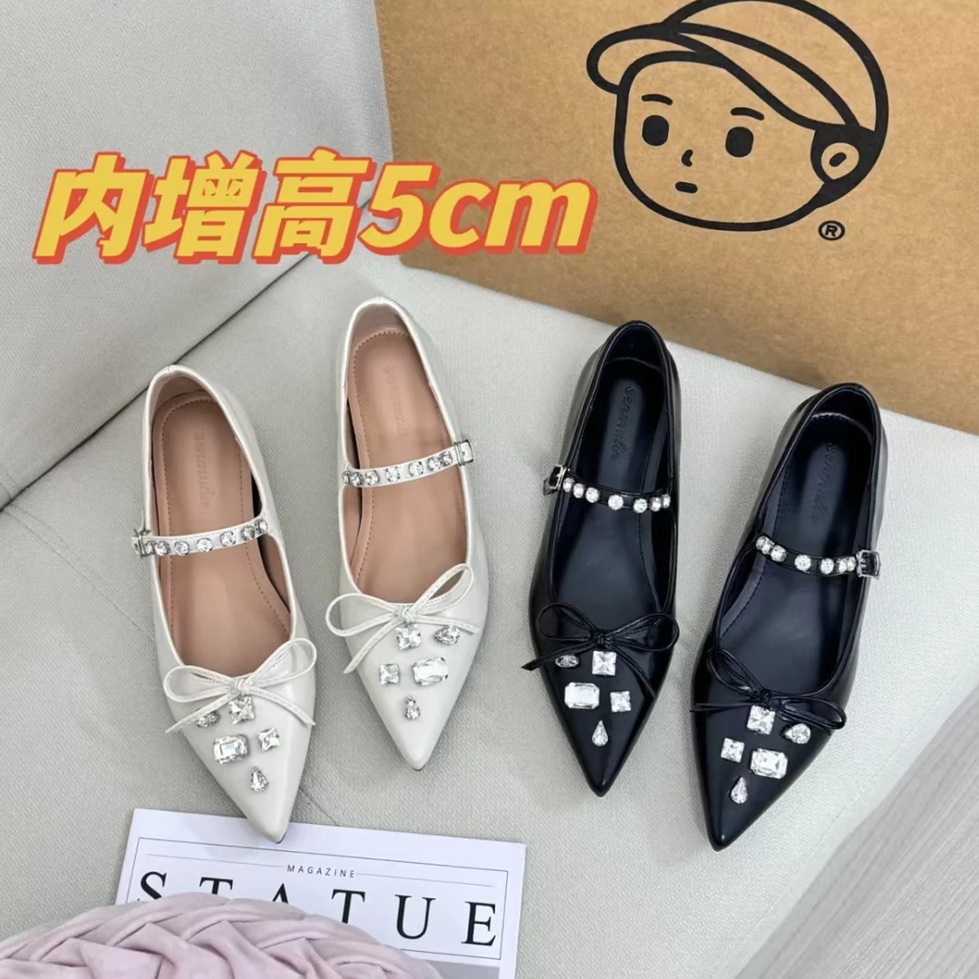 新款内增高5cm尖头水钻小众设计通勤浅口法式蝴蝶结百搭单鞋女