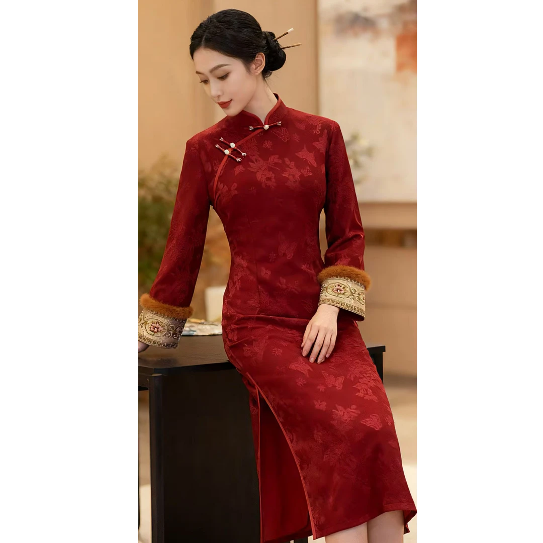 苏故里【满江红】加绒秋冬文艺复古高端日常旗袍奢华气质衣长120