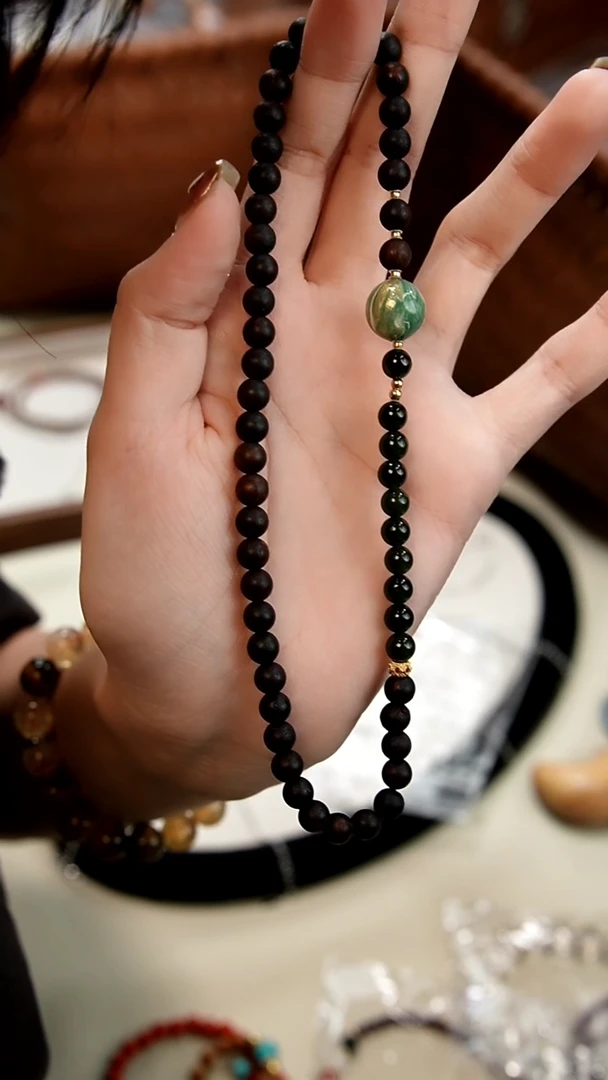 未镶嵌降真香手串和田玉碧玉大漆顶珠双圈