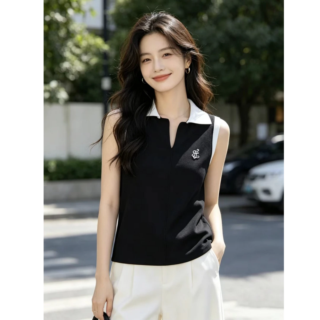 新款女装高尔夫POLO无袖上衣运动刺绣爆款休闲时尚针织夏季修身