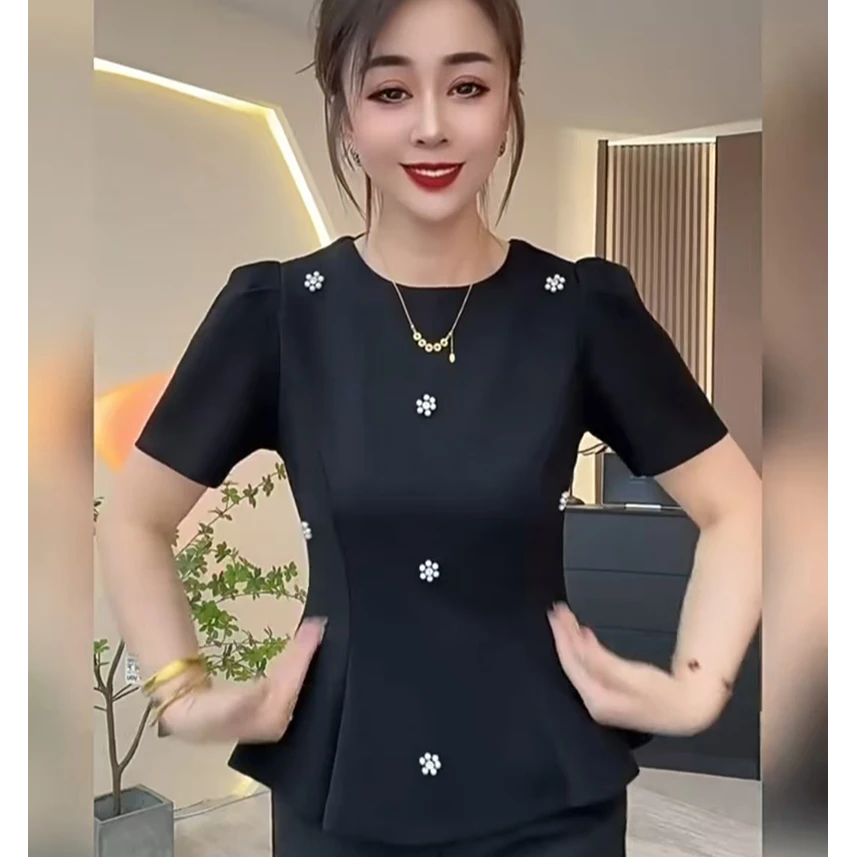 大码女装 曼巴棉 重工钉珠短袖上衣夏季收腰遮肚子气质抗皱小衫