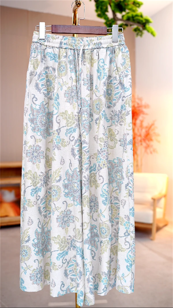 夏季冰凉透气不闷汗显瘦遮肉休闲抽绳松紧腰九分阔腿裤-7107#