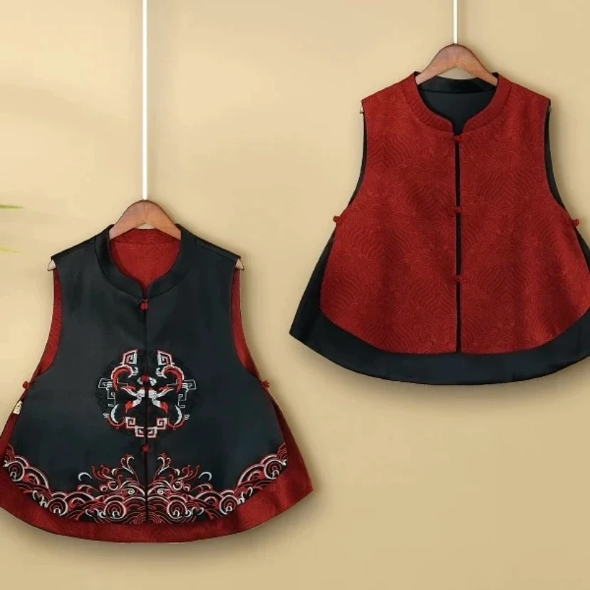 【玲珑】双面双穿春秋新款国风马甲新中式立领绣花气质女坎肩马夹