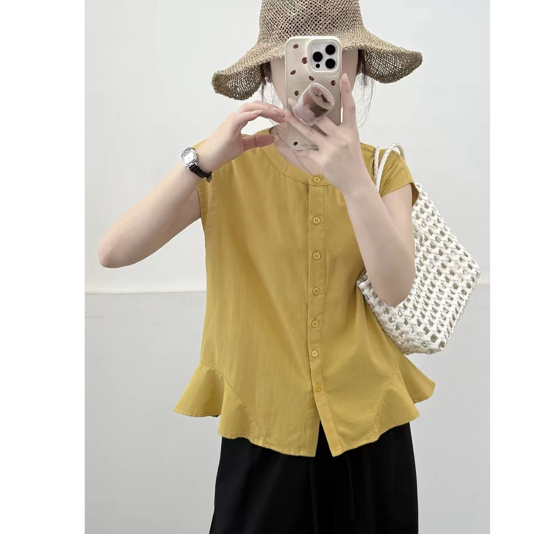 【直播间同价】25夏季亚麻棉透气百搭鱼尾荷叶边小飞袖衬衫25527