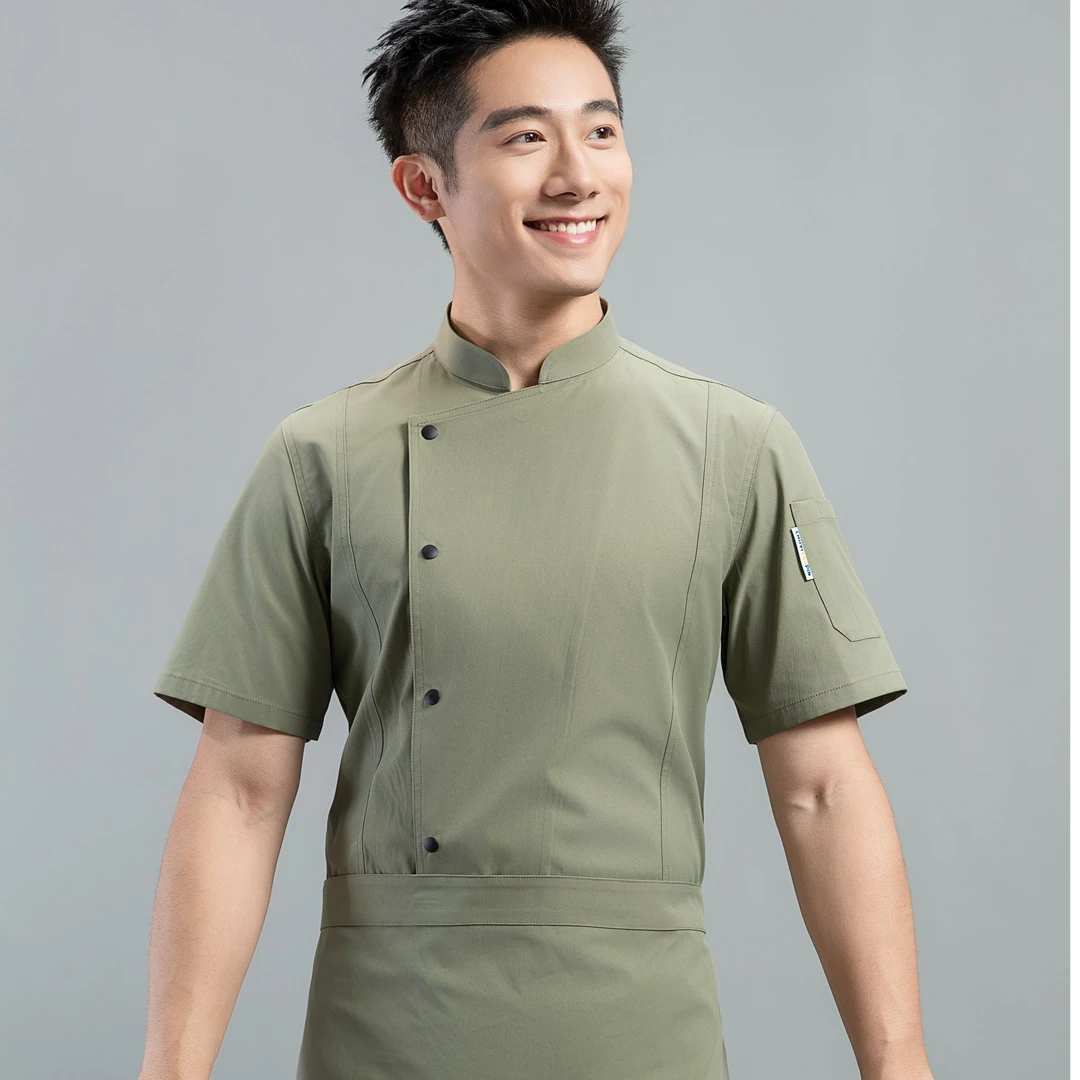 高端餐饮厨师服高弹力棉短袖工装酒店食堂饭店夏季厨师工作服透气