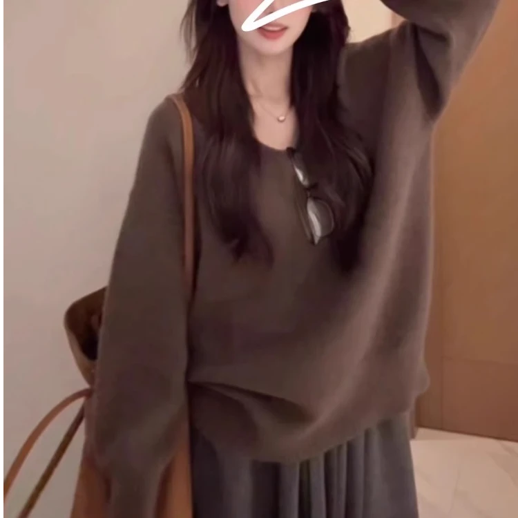 2025韩版新款软糯V领针织女秋冬慵懒毛衣打底衫宽松纯色百搭上衣