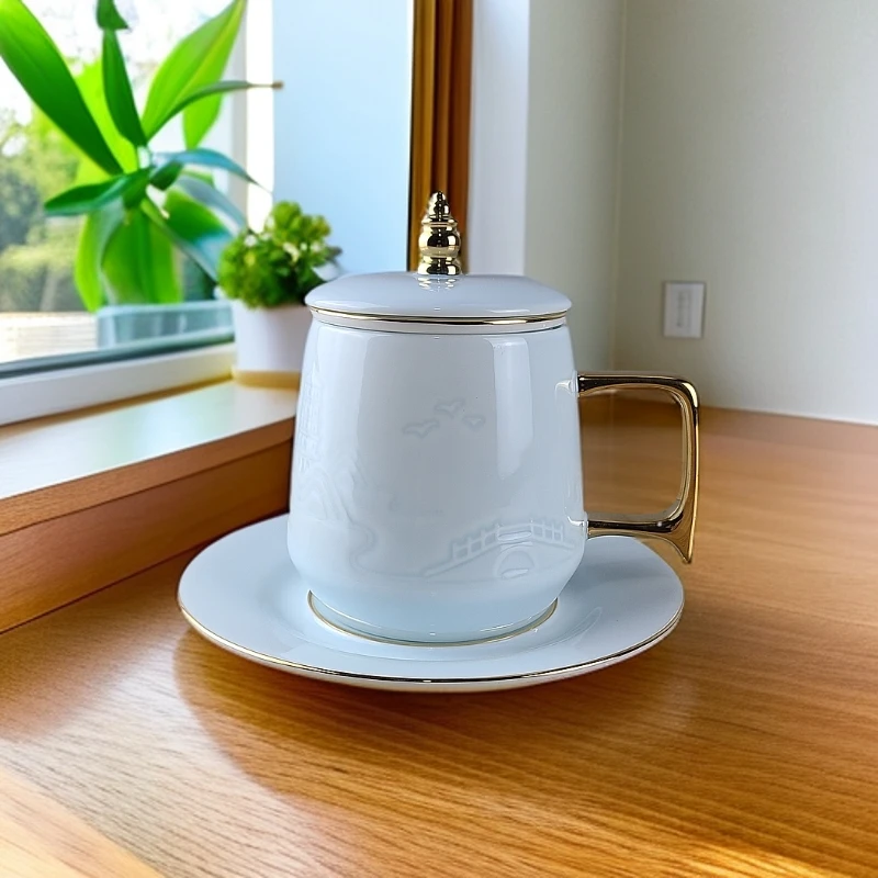 影青浮雕西湖陶瓷茶漏茶带碟中式办公杯茶水分离个人专用泡茶送礼