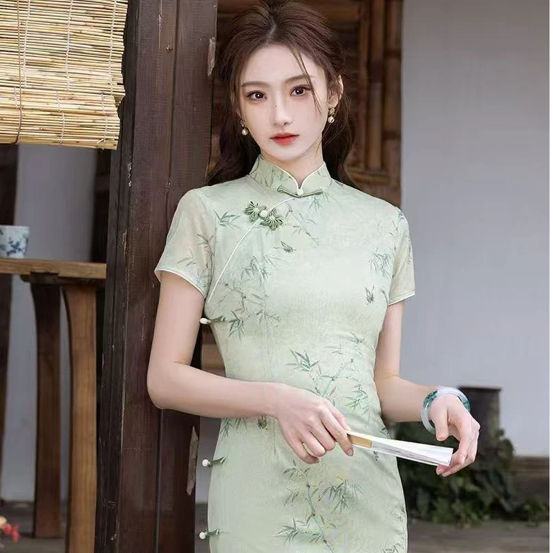 【青竹】年轻款复古显瘦旗袍2025夏季女日常绿色显瘦旗袍连衣裙
