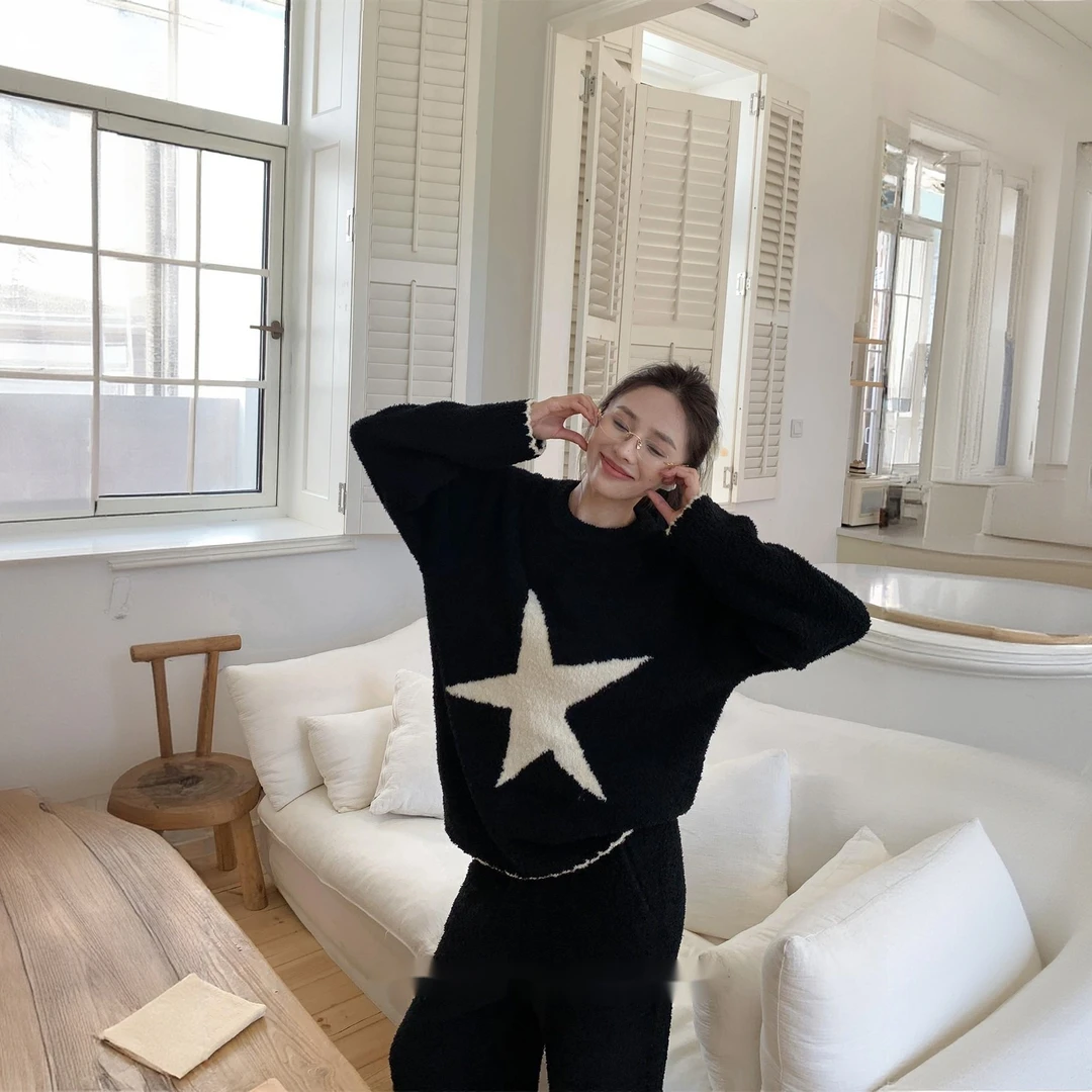 半边绒纯色星星蝴蝶结家居服睡衣套装秋冬女加厚加绒圆领套头宽松