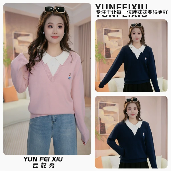 云妃秀大码女装针织衫时尚微胖宽松显瘦POLO领假两件秋季22773