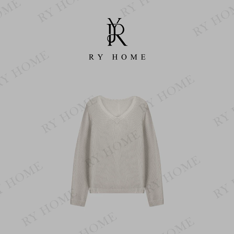 【容雨RYHOME】亚麻＋莱赛尔欧若风V领慵懒风针织衫251M2877
