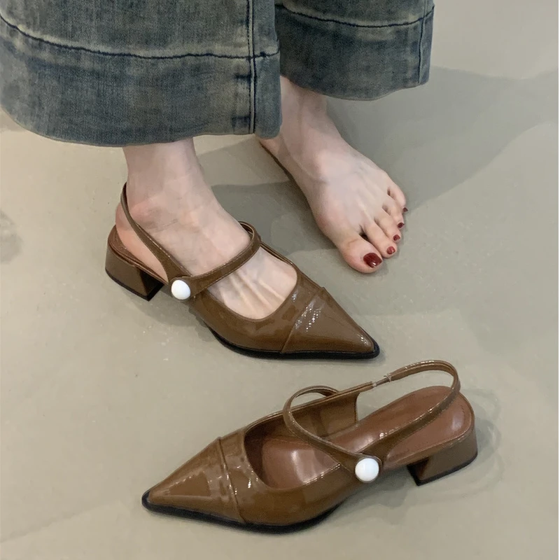 ALGF-S18-6粗跟高跟凉鞋2025春季法式尖头浅口一字扣后空玛丽珍鞋