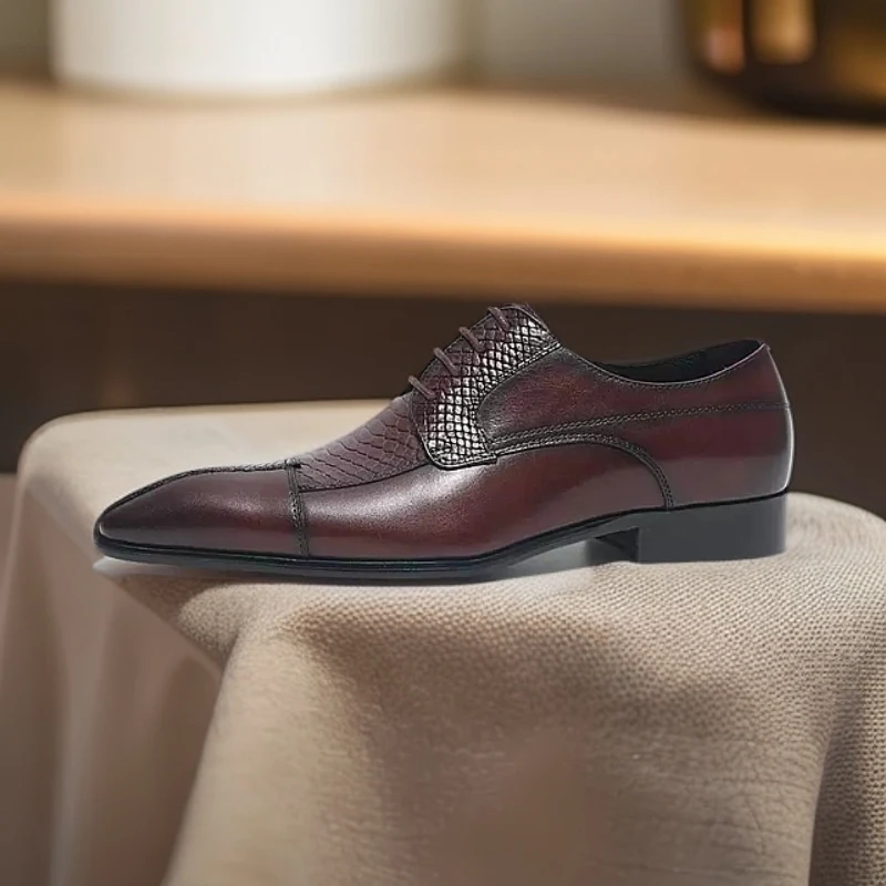 迪尼左伦正装皮鞋男酒红色西装婚鞋牛皮压花纹德比绅士鞋拼接欧版