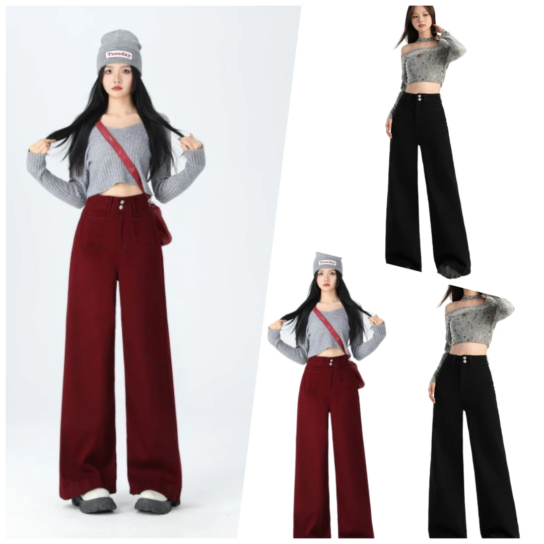 轻奢2-1安可拉红秋季新款高腰休闲百搭宽松时尚显瘦拖地裤