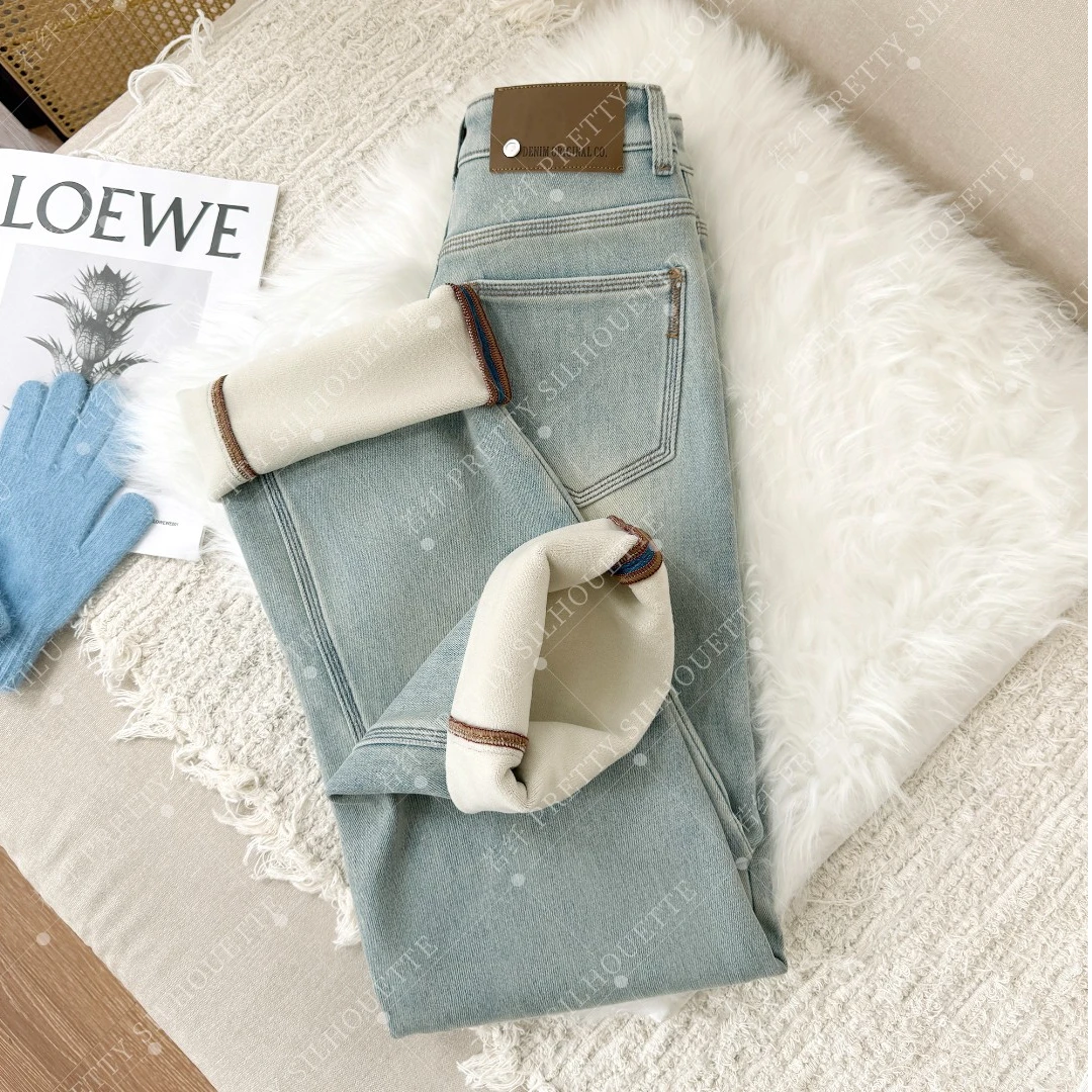Pretty Silhouette/若纤秋冬加绒加厚牛仔裤女【絮语蓝】窄版直筒裤