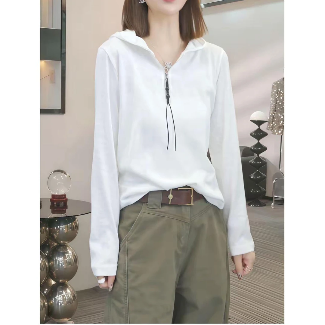 小众设计感纯色白色半拉链连帽卫衣套头休闲内搭长袖上衣T恤打底