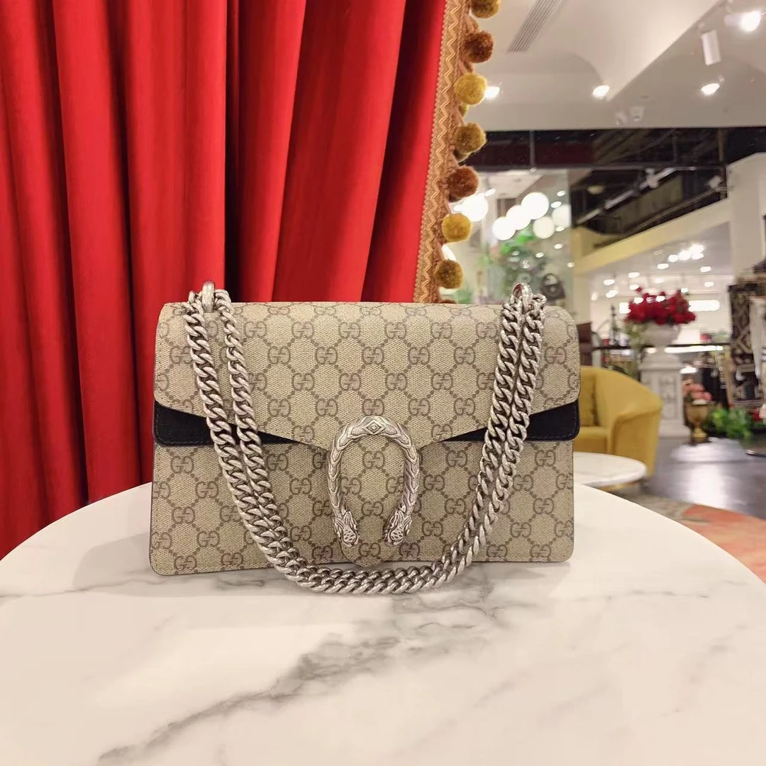 95新 GUCCI/古驰 酒神包中号老花银扣斜挎包/单肩包12787125