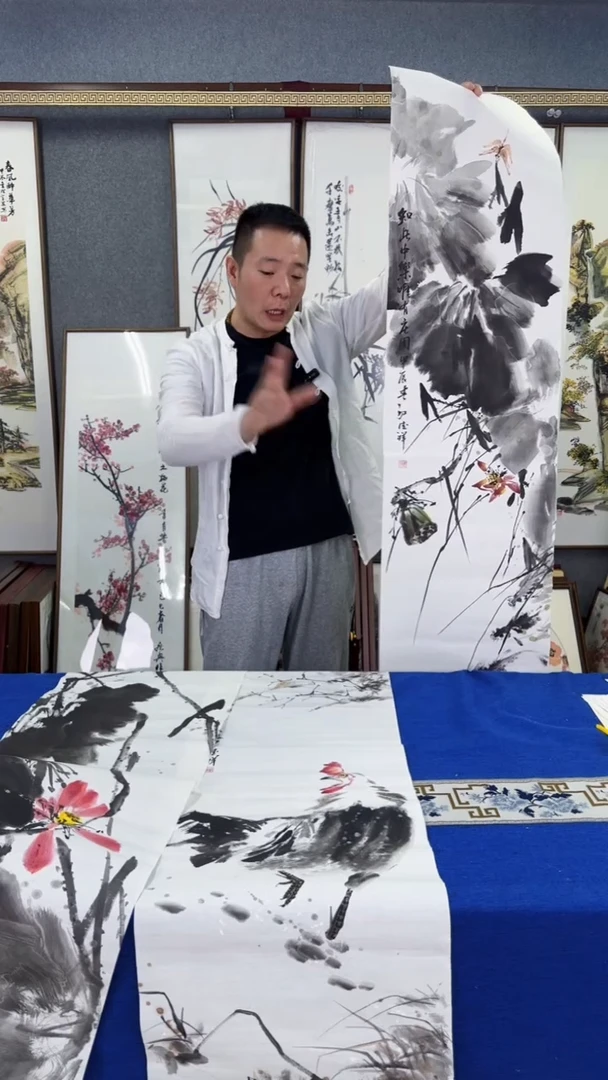 国画荷花 画芯34*134