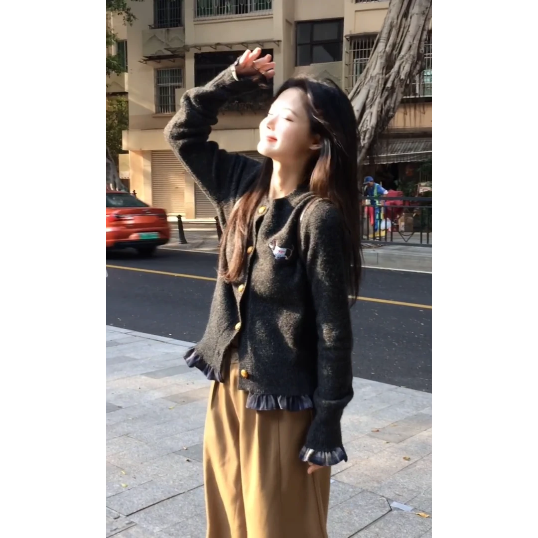 温柔学院风木耳边假两件针织开衫上衣女卡其色直筒长裤