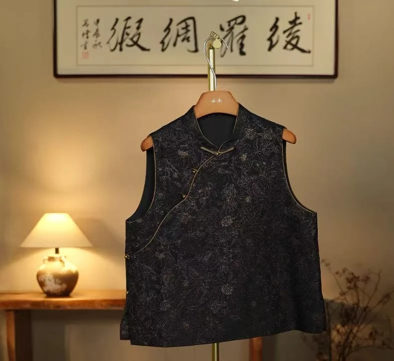 【织金马甲-黑金】新中式国风香云纱双层重工立领全开襟老钱风
