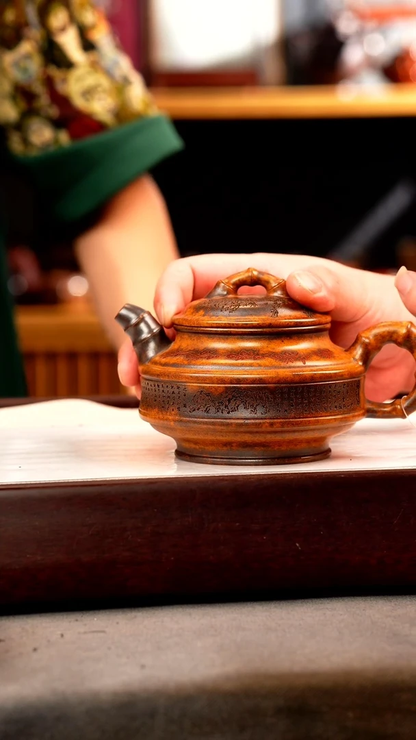 茶壶紫砂龙骨金砂 双线竹鼓 刻绘
