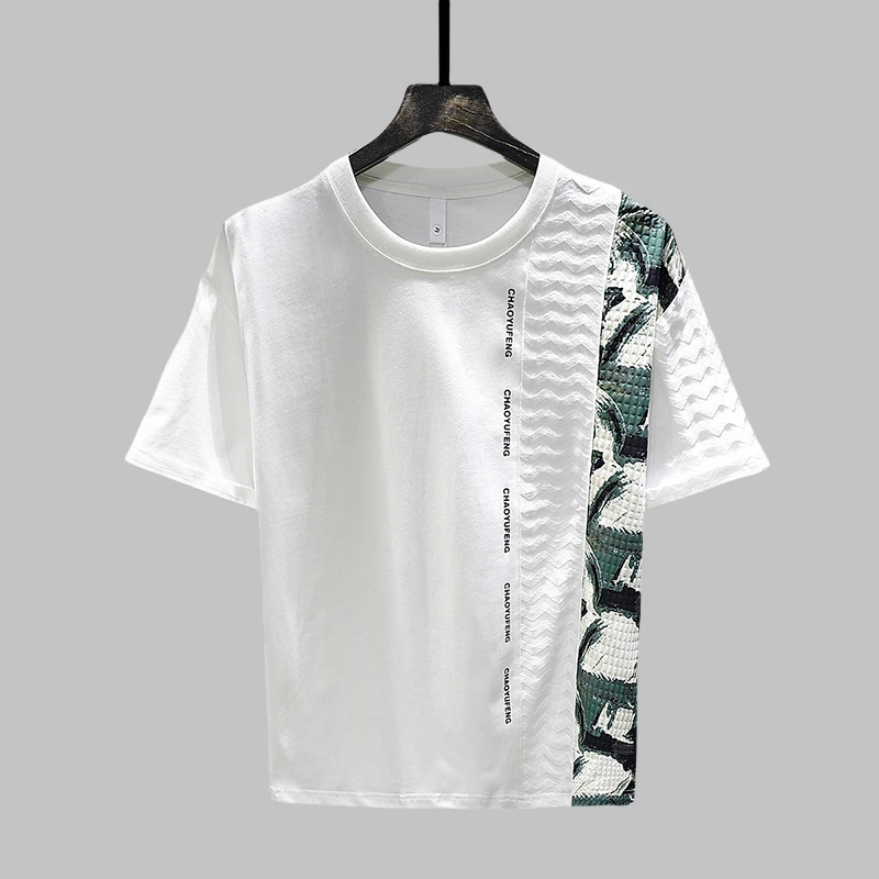 短袖T恤男士2025夏季新款潮流时尚拼接印花棉质宽松休闲百搭体恤