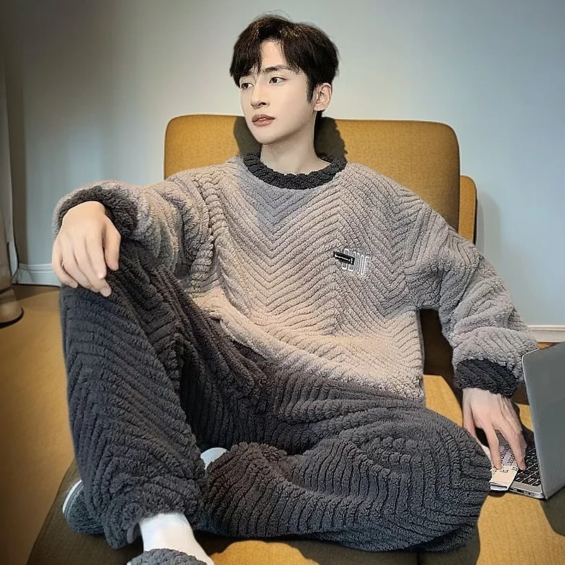 睡衣男士秋冬季珊瑚绒加厚加绒冬天保暖法兰绒家居服男款套装