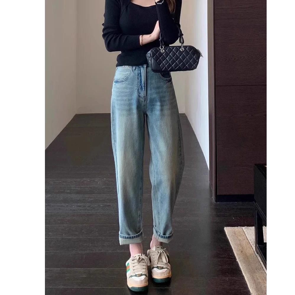 弹力休闲高腰直筒牛仔裤2025女款夏季薄款显瘦大码胖mm宽松阔腿裤