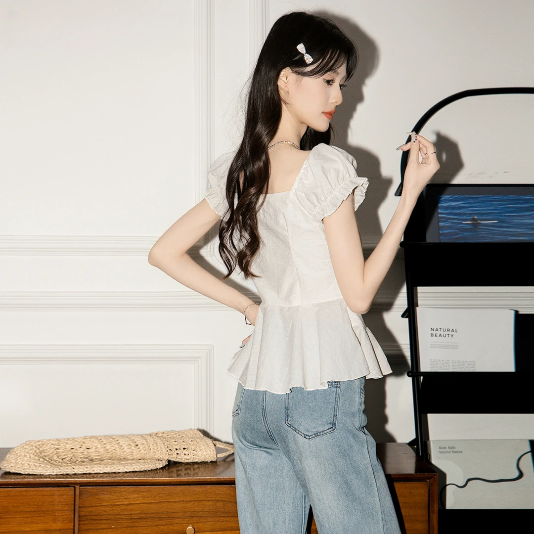 帛卡琪褶皱设计感修身短袖衬衫女夏季泡泡袖裙摆小衫方领上衣潮