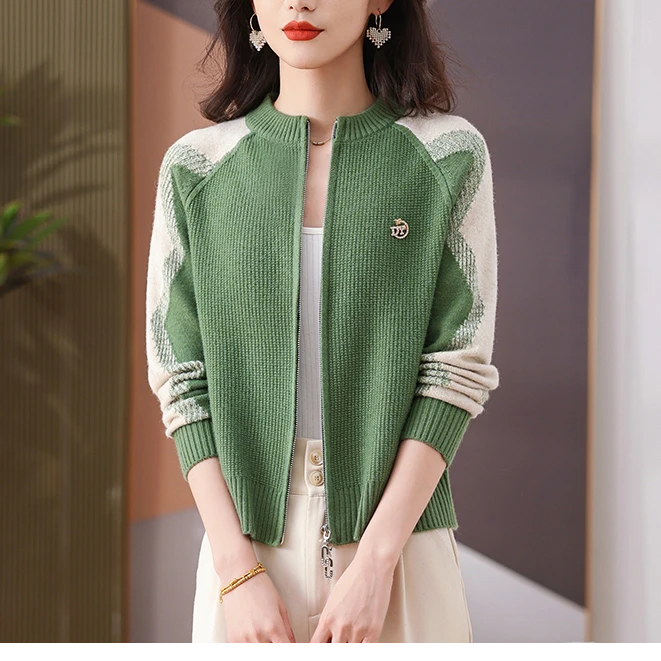 妈妈春秋针织开衫上衣撞色外套宽松休闲小个子女装双拉链外套毛衣