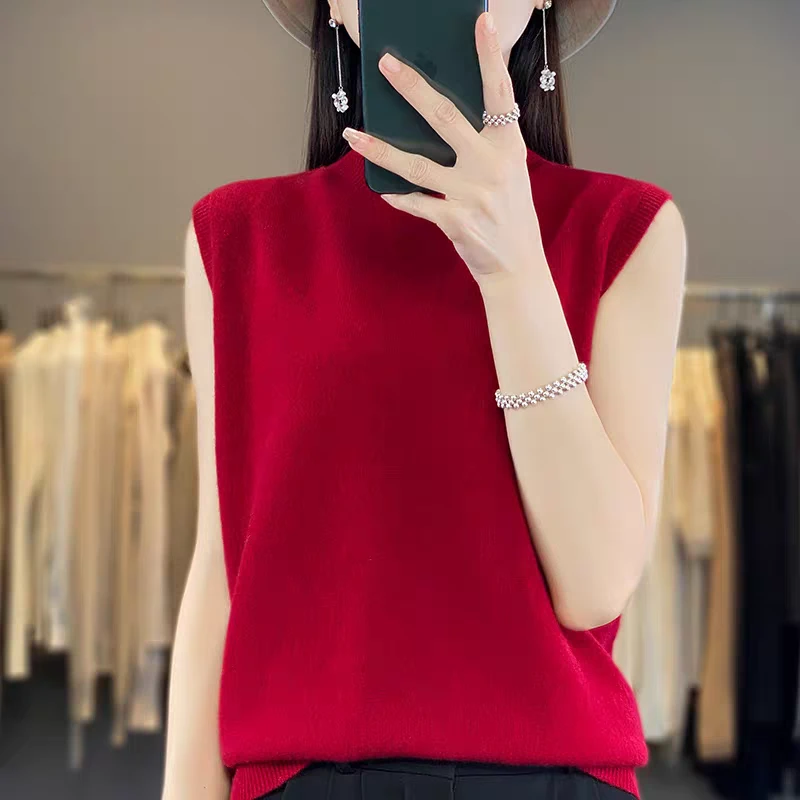 100羊毛一线半高领针织无袖背心打底衫女