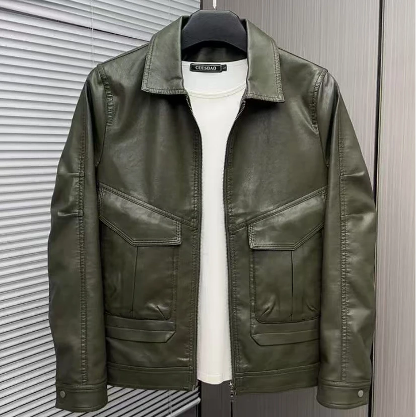 新款高品质男士翻领休闲皮衣夹克