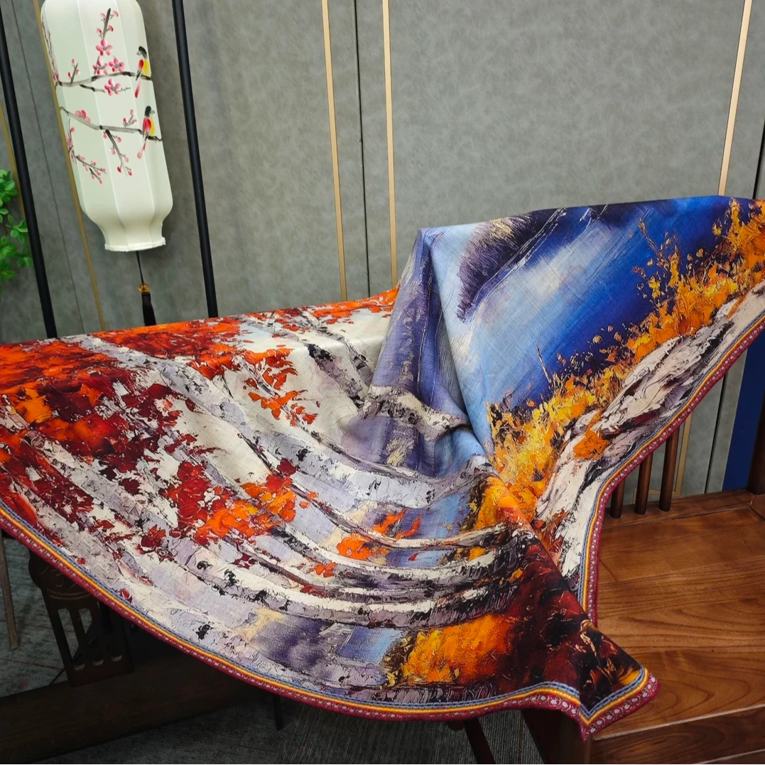 【白桦林】-储秀140双面丝羊绒大方巾双面双色印花方巾135*135cm